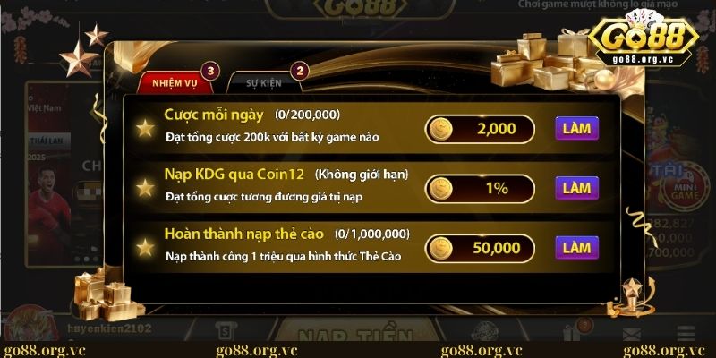 Các sự kiện ưu đãi được diễn ra hàng ngày dành cho hội viên GO 88